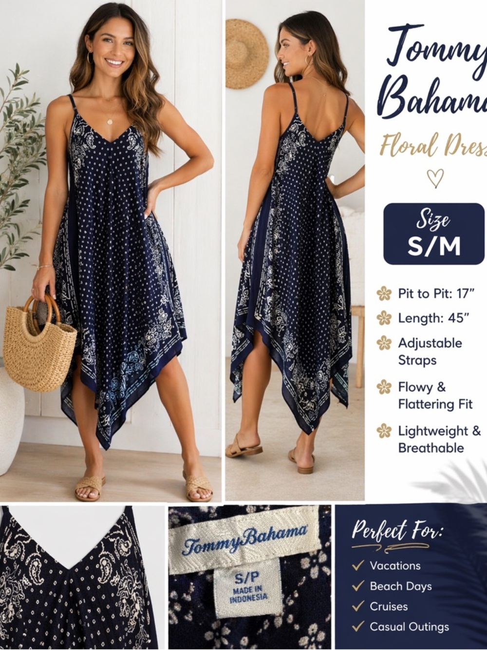 Tommy Bahama navy blue Floral Dress SMALL/MEDIUM pit to pit 17in length 45in